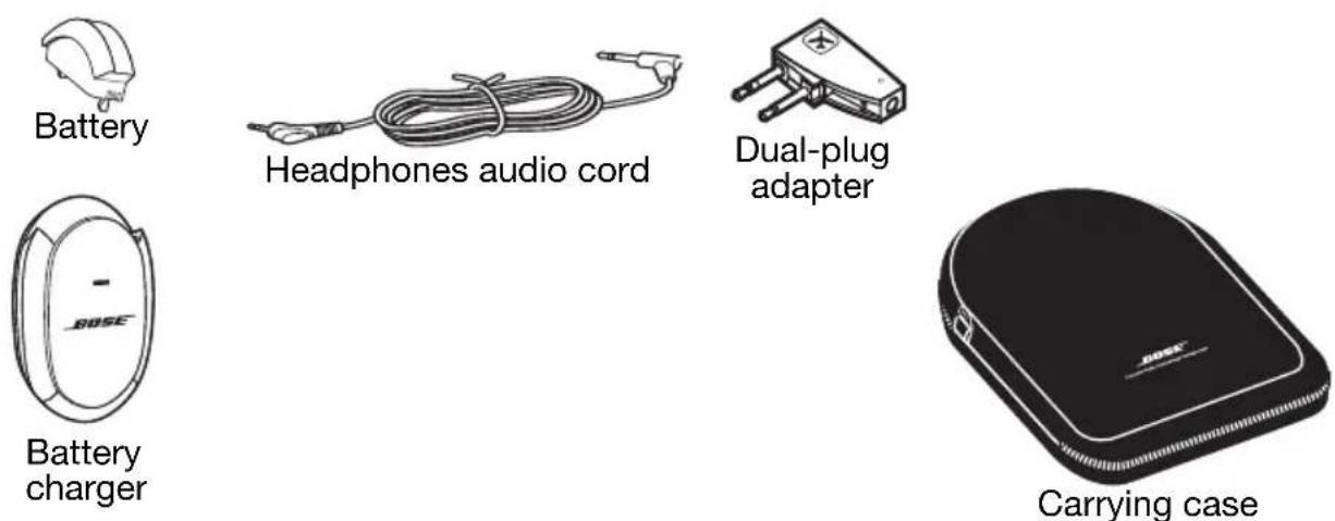 Battery Headphones audio cord Dual-plug adapter Battery charger Carrying case