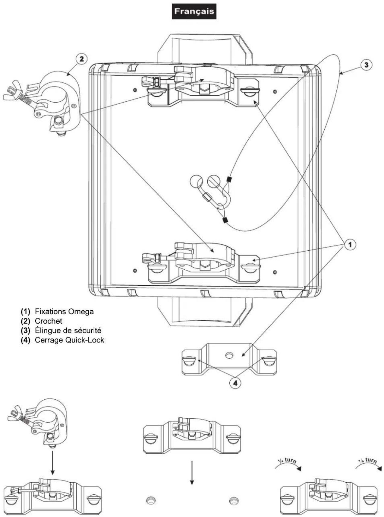 Français (1) Fixations Omega (2) Crochet (3) Élingue de sécurité (4) Cerrage Quick-Lock 1 2 3 4 ½ turn ½ turn