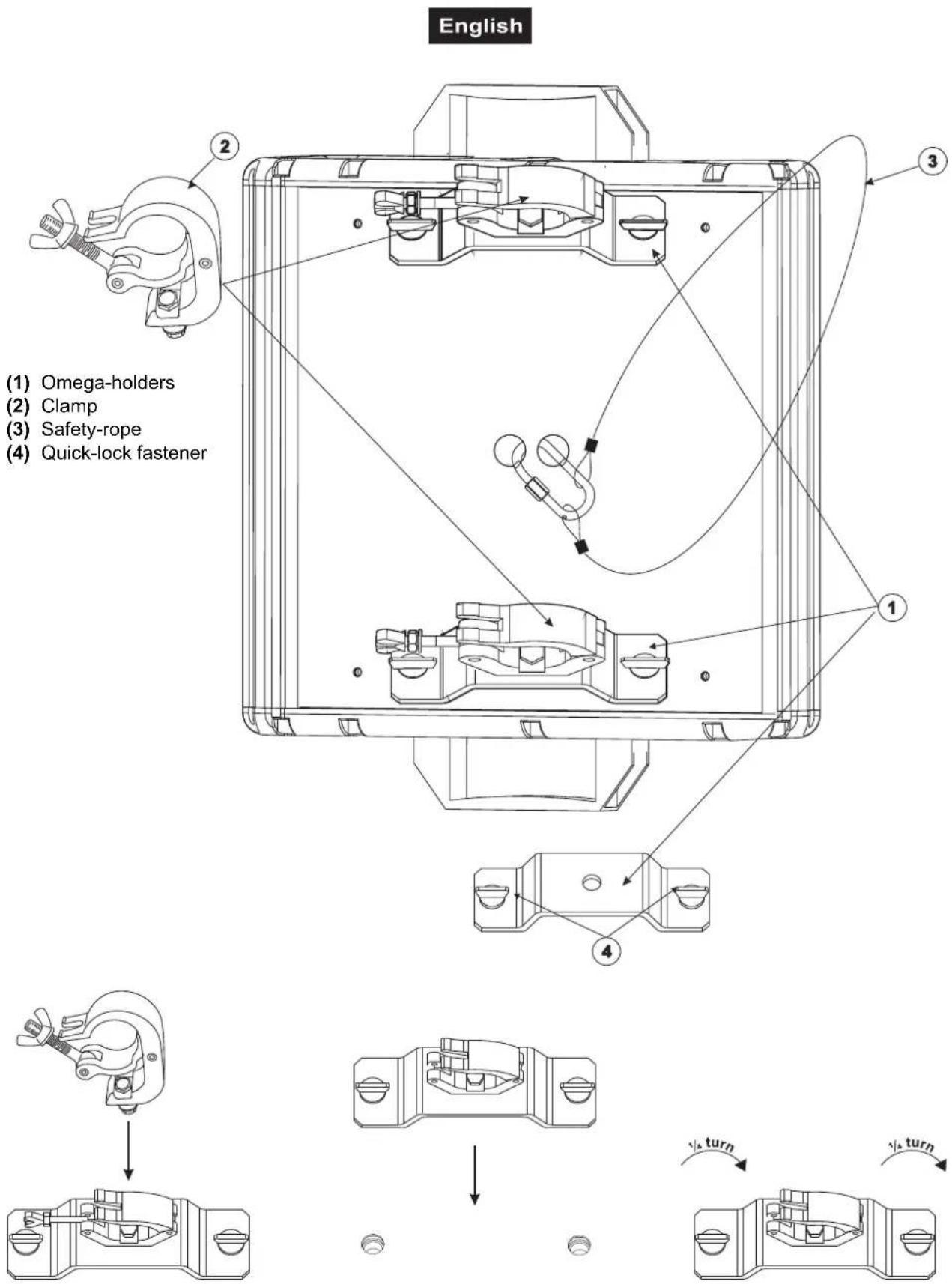 English (1) Omega-holders (2) Clamp (3) Safety-rope (4) Quick-lock fastener ① ② ③ ④ ①/2 turn ②/2 turn