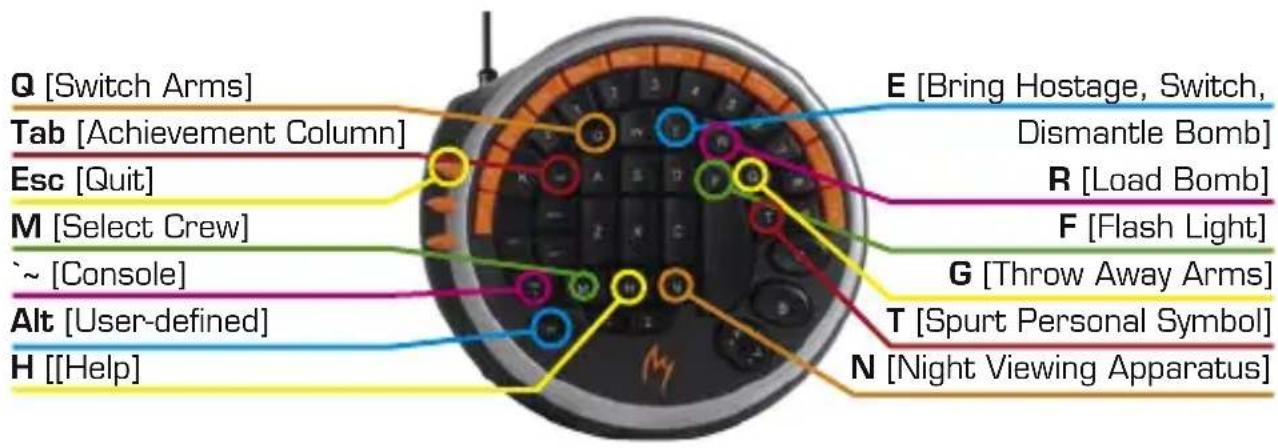 Q [Switch Arms] Tab [Achievement Column] Esc [Quit] M [Select Crew] ~ [Console] Alt [User-defined] H [[Help]] E [Bring Hostage, Switch, Dismantle Bomb] R [Load Bomb] F [Flash Light] G [Throw Away Arms] T [Spurt Personal Symbol] N [Night Viewing Apparatus]