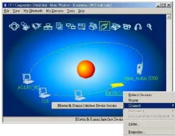3. IVT Corporation: BlueGlobal - Main Window - Epsilon (EEM) (e.g. only) File View My Bluetooth My Services Tools Help AlLEN_RY JOE KEYBOX Alien_Nokia 6200 Bluetooth Human Interface Device Service Bluetooth Human Interface Device Bluetooth Services Unipair Connect Microsoft Drive Connection to WebPrint Status... Properties...
