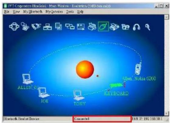 VYTC Corporation BlueGold - Main Windows - Evaluation (AMD System) File View My Bluetooth My Services Tools Help ALLEN SP JOE TONY Allen, Nokia 6260 KEYBOARD Bluetooth Headset Service Connected FAN #: 192.168.50.1