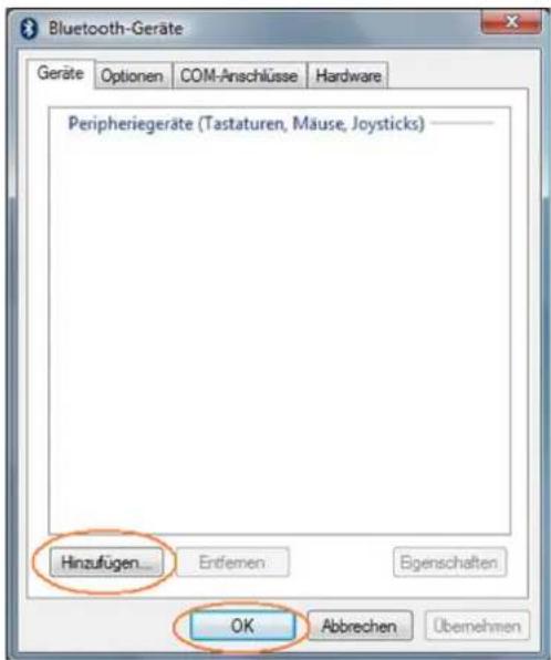 Bluetooth-Geräte Geräte Optionen COM-Anschlüsse Hardware Peripheriegeräte (Tastaturen, Mäuse, Joysticks) ———— Hinzufügen... Entremen Eigenschaften OK Abbrechen Übernehmen