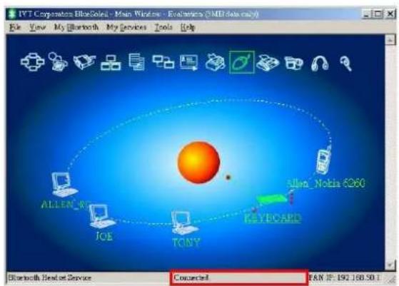 IPT Corporation BlueSolar - Main Windows - Ecosystem (MB data only) File View My Bluetooth My Services Tools Help ALLEN W JOE TONY T yellow 6260 T yellow 6260 Bluetooth Headset Service Copercial FAN IP: 192.160.50.1