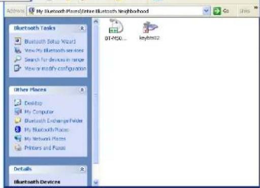 Address: My Bluetooth Places/Entire Bluetooth Neighborhood Bluetooth Tasks Bluetooth Setup Wizard View My Bluetooth services Search for devices in range View or modify configuration Other Places Desktop My Computer Bluetooth Exchange Provider My Bluetooth Places My Network Places Printers and Puses Details Bluetooth Devices B1-450... Keybit82