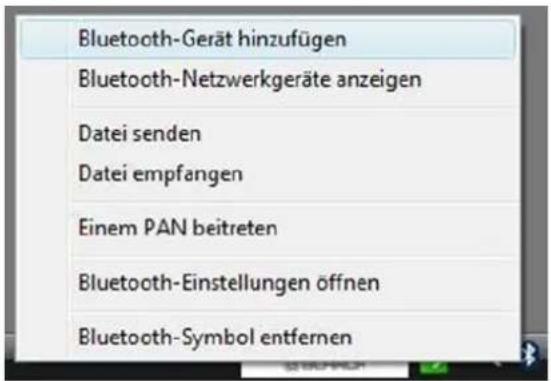 Bluetooth-Gerät hinzufügen Bluetooth-Netzwerkgeräte anzeigen Datei senden Datei empfangen Einem PAN beitreten Bluetooth-Einstellungen öffnen Bluetooth-Symbol entfernen