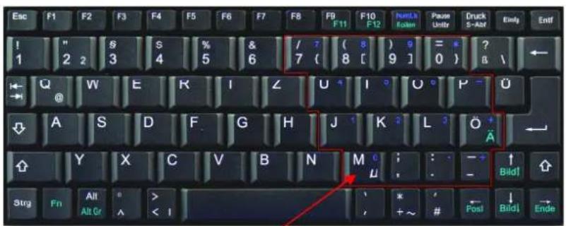 Esc F1 F2 F3 F4 F5 F6 F7 F8 F9 F10 F11 F12 Hemi-A 1 2 3 4 5 6 7 (8) 9 = * ? Q W E K I Z U I O P - Ü A S D F G H J K L Ö Y X C V B N M : : - ↑ Strg Fn Alt Gr > < I * +~ # Fosl Bildl Ende