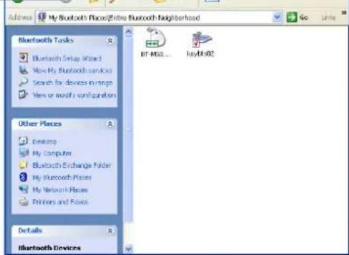 Address: My Bluetooth Places/Entire Bluetooth Neighborhood Go: Line Bluetooth Tasks Bluetooth Setup Wizard Now My Bluetooth services Search for devices in range View or modify configuration Other Places Desktop My Computer Bluetooth Exchange Folder My Bluetooth Places My Network Files Printers and Files Details Bluetooth Devices BT-MSO... key10.02