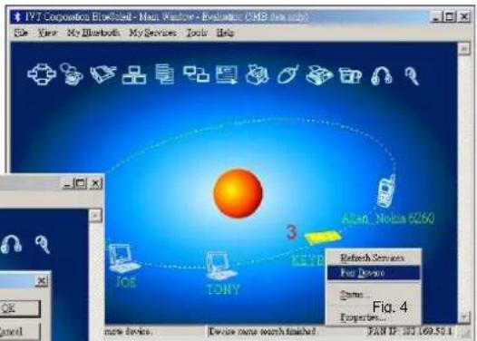 IPT Corporation Wireless - Main Window - Evaluator (CMB mini Help) File Edit View My Bluetooth My Services Tools Help Alkan Noise 50/60 3 KEYD IOE TONY Figure 4 Device name search finished PAM IP: IGT 169.50.1