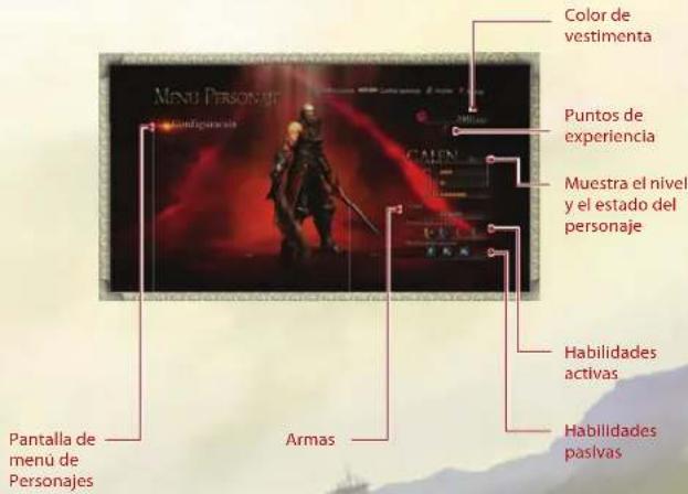 Color de vestimenta Puntos de experiencia Muestra el nivel y el estado del personaje Habilidades activas Habilidades pasivas Pantalla de menú de Personajes Armas