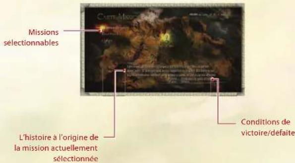 Missions sélectionnables L'histoire à l'origine de la mission actuellement sélectionnée Conditions de victoire/défaite
