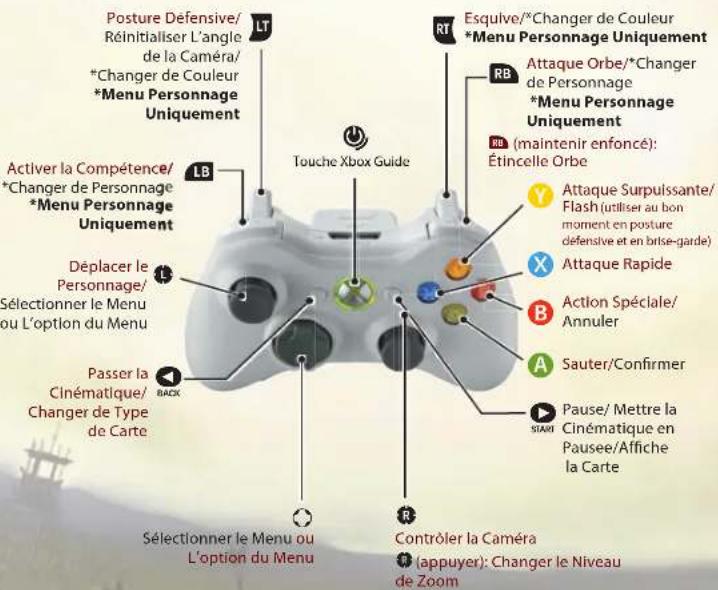 Posture Défensive/ Réinitialiser L'angle de la Caméra/ *Changer de Couleur *Menu Personnage Uniquement LT RB Active la Compétence/ *Changer de Personnage *Menu Personnage Uniquement Déplacer le Personnage/ Sélectionner le Menu ou L'option du Menu Passer la Cinématique/ Changer de Type de Carte BACK LT Touche Xbox Guide R Contrôler la Caméra (appuyer): Changer le Niveau de Zoom Esquive/*Changer de Couleur *Menu Personnage Uniquement RB Attaque Orbe/*Changer de Personnage *Menu Personnage Uniquement (maintenir enfoncé): Étincelle Orbe Y Attaque Surpulissante/ Flash (utiliser au bon moment en posture défensive et en brise-garde) X Attaque Rapide B Action Spéciale/ Annuler A Sauter/Confirmer Pause/ Mettre la Cinématique en Pausee/Affiche la Carte SIARTI