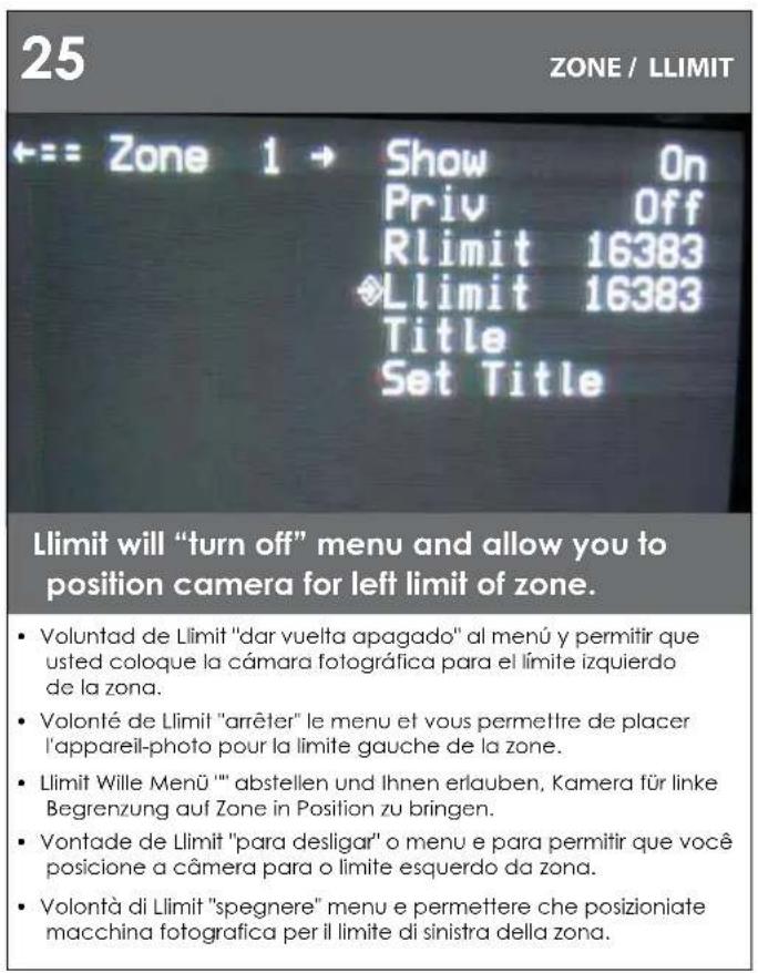 Moog Videolarm PFD7T12N3 - Turn on "PRIV" to activate; Rlimit will turn off menu, to allow you to position right limit for zone. - 1