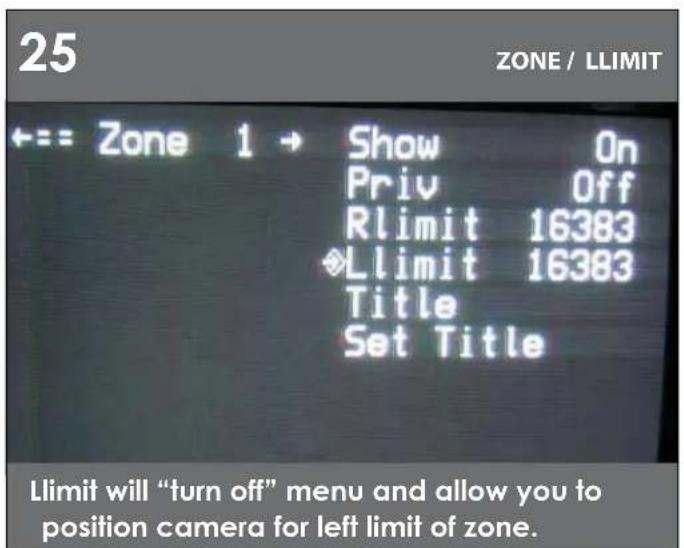 Moog Videolarm PFD7T12S3 - Turn on "PRIV" to activate; Rlimit will turn off menu, to allow you to position right limit for zone. - 1