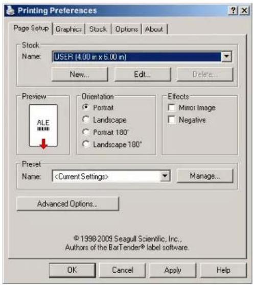 Datamax O'Neil Mark III E4204B - Onglet Page Setup (mise en page) : Stock (papier) - 1