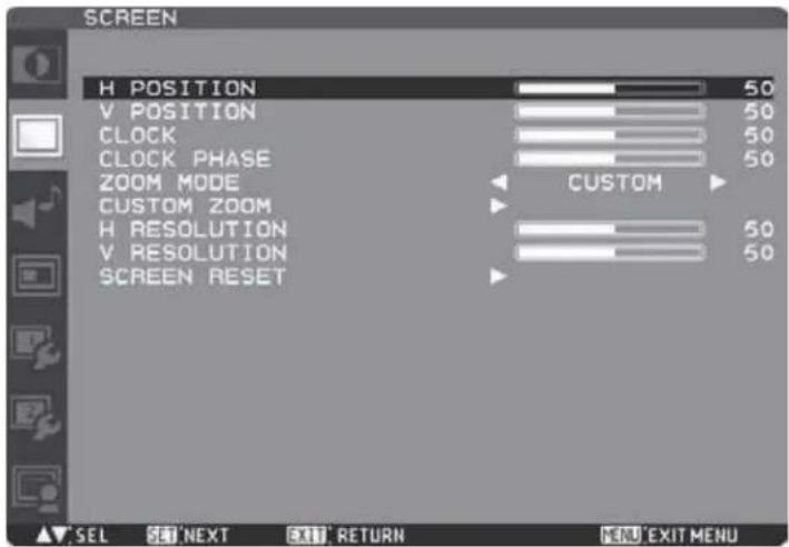 SCREEN H POSITION 50 V POSITION 50 CLOCK 50 CLOCK PHASE 50 ZOOM MODE CUSTOM CUSTOM ZOOM H RESOLUTION 50 V RESOLUTION 50 SCREEN RESET
