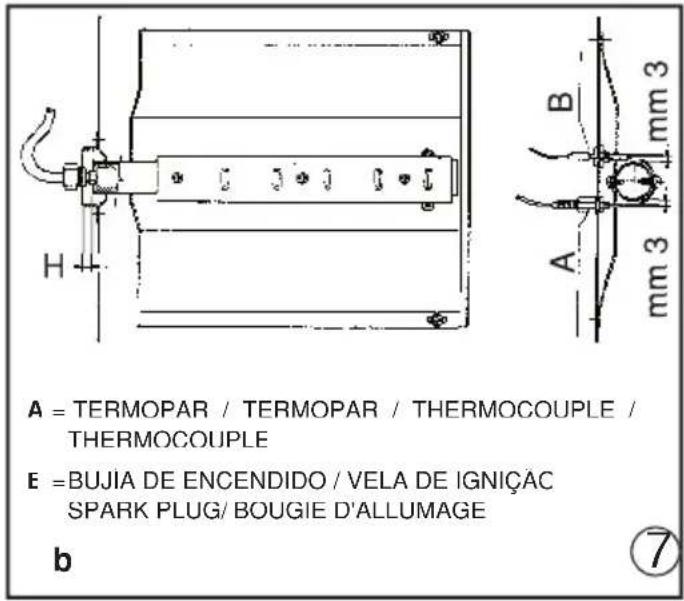 A = TERMOPAR / TERMOPAR / THERMOCOUPLE / THERMOCOUPLE E =BUJIA DE ENCENDIDO / VELA DE IGNICAC SPARK PLUG/ BOUGIE D'ALLUMAGE b ⑦
