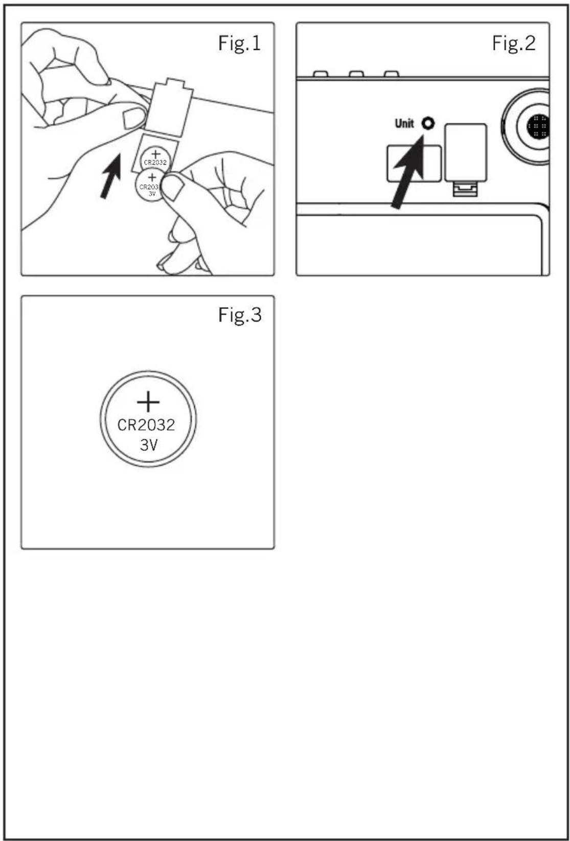 Fig.1 Fig.2 CR2032 + + CR2033 3V Unit Fig.3 + CR2032 3V