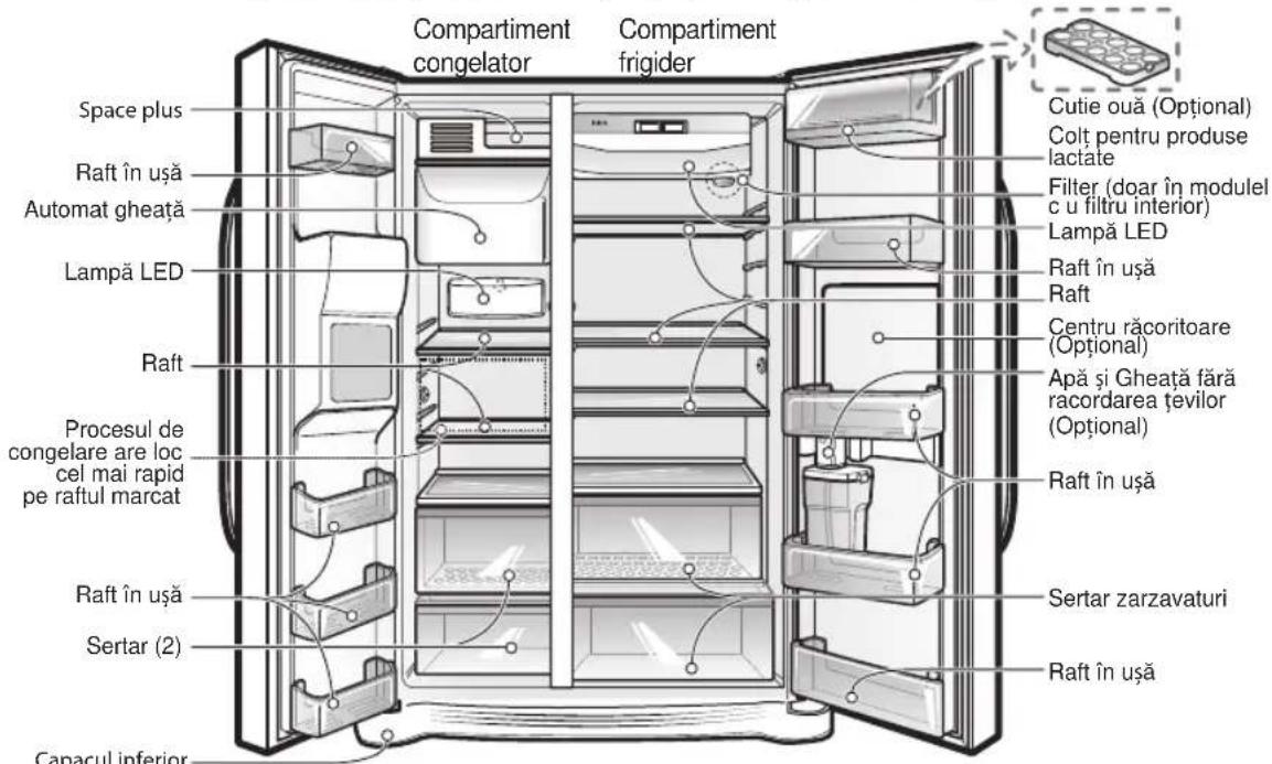 Compartiment congelator Compartiment frigider Space plus Raft în ușă Automat gheata Lampă LED Raft Procesul de congelare are loc cel mai rapid pe raftul marcat Raft în ușă Sertar (2) Capacul inferior Cutie ouă (Optional) Colț pentru produse lactate Filter (doar în modulel c u filtru interior) Lampă LED Raft în ușă Raft Centru răcoritoare (Optional) Apă și Gheata fără racordarea tevilor (Optional) Raft în ușă Sertar zarzavaturi Raft în ușă