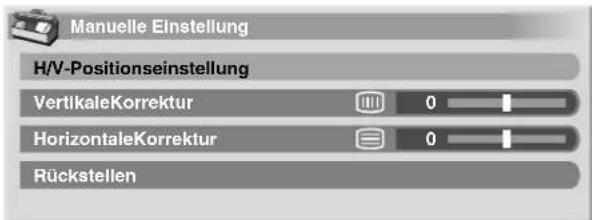 Manuelle Einstellung H/V-Positionseinstellung VertikaleKorrektur 0 HorizontaleKorrektur 0 Rückstellen