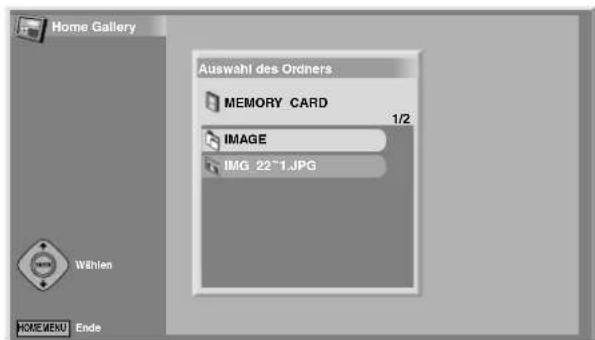 Home Gallery Auswahl des Ordiners MEMORY CARD 1/2 IMAGE IMG 22~1.JPG Wihlen HOME MENU Ende