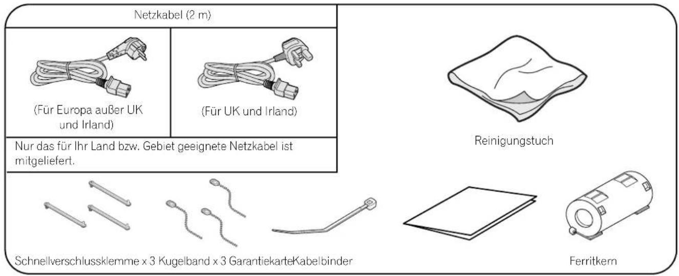 Netzkabel (2 m) (Für Europa außer UK und Irland) (Für UK und Irland) Nur das für Ihr Land bzw. Gebiet geeignete Netzkabel ist mitgeliefert. Reinigungstuch Schnellverschlussklemme x 3 Kugelband x 3 GarantiekarteKabelbinder Ferritkern