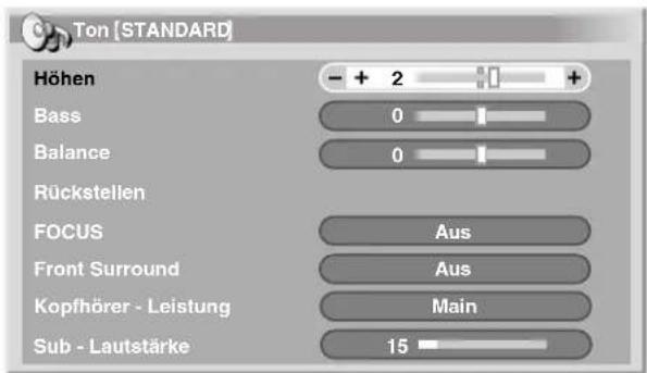 Ton [STANDARD] Höhen - + 2 + Bass 0 Balance 0 Rückstellen FOCUS Aus Front Surround Aus Kopfhörer - Leistung Main Sub - Lautstärke 15
