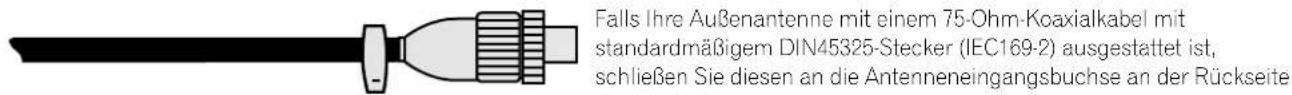 Falls Ihre Außenantenne mit einem 75-Ohm-Koaxialkabel mit standardmäßigem DIN45325-Stecker (IEC169-2) ausgestattet ist, schließen Sie diesen an die Antenneneingangsbuchse an der Rückseite in Mäller-Bückschutz