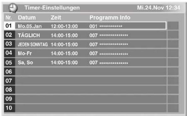 Timer-Einstellungen Mi.24.Nov 12:34 Nr. Datum Zeit Programm Info 01 Mo.05.Jan 12:00-13:00 001 ********** 02 TÄGLICH 14:00-15:00 007 ********** 03 JEDEN SONNTAG 14:00-15:00 007 ********** 04 Mo-Fr 14:00-15:00 007 ********** 05 Sa, So 14:00-15:00 007 ********** 06 07 08 09 10