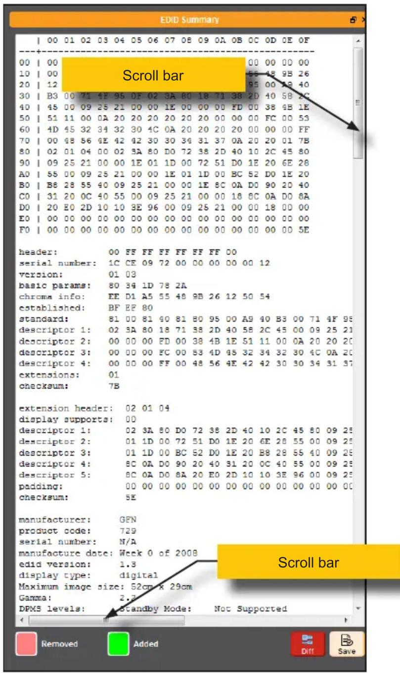 Gefen GTBUHDHBT2 - The EDID Summary window will be displayed. Use the horizontal and vertical scroll bar, as needed, to view the EDID information. - 1