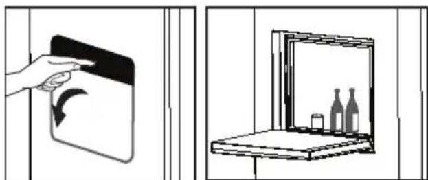 Illustration showing a hand holding a tablet and a shelf with bottles (no text or symbols)