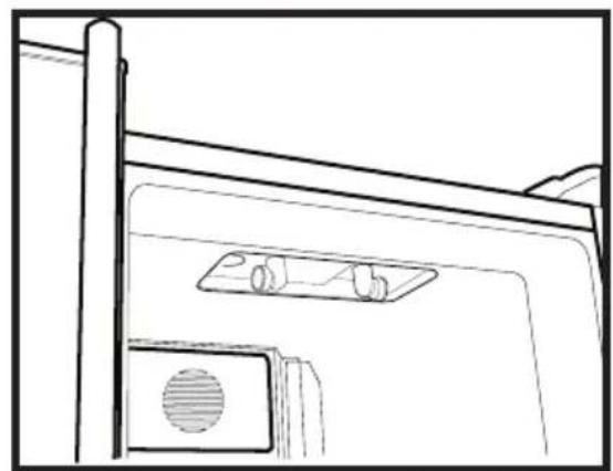 Line drawing of a door with a mounted device and ventilation slots (no text or symbols)