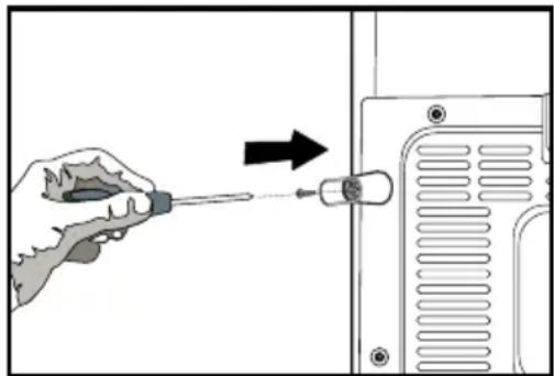 Hand holding a screwdriver inserted into a device panel, with an arrow indicating direction (no text or symbols present)