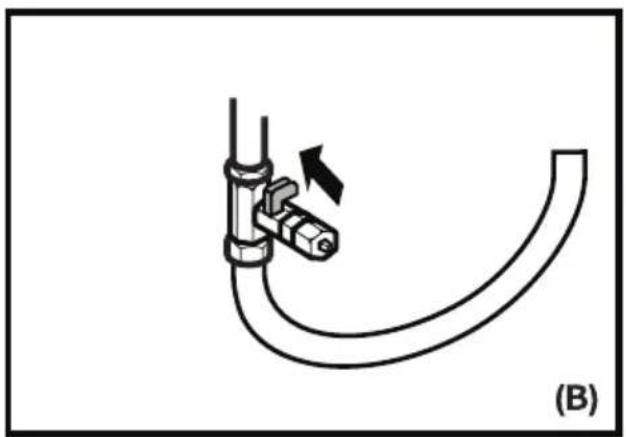 Diagram of a pipe fitting with a valve and curved tube, labeled (B), showing no text or symbols.
