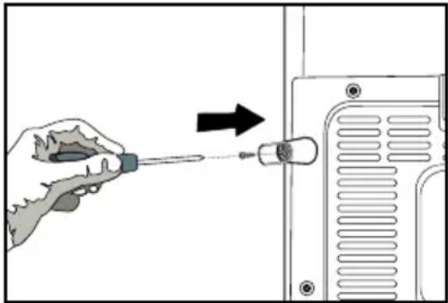 Hand holding a screwdriver inserted into a device panel, with an arrow indicating direction (no text or symbols present)