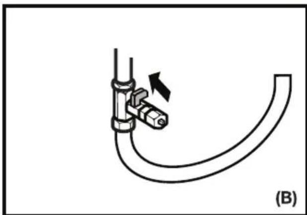 Diagram of a pipe fitting with a valve and directional arrow, labeled (B), showing no text or symbols beyond the label.