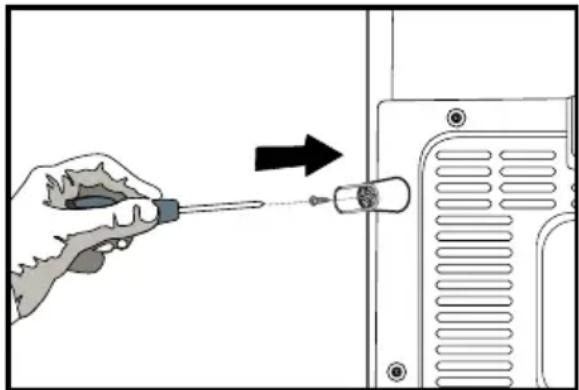 Illustration of a hand using a screwdriver to connect a component to a device panel (no text or symbols visible)