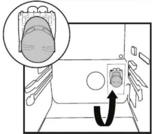 Diagram showing a device with a magnified view of its internal components, including a circular inset of a gear and a directional arrow indicating movement.