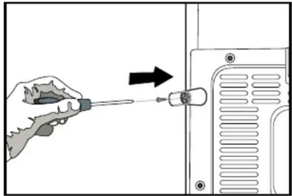 Illustration of a hand using a screwdriver to adjust a component on a device panel (no text or symbols present)