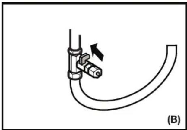 Diagram of a pipe fitting with a valve and directional arrow, labeled (B), showing no text or symbols beyond the label.