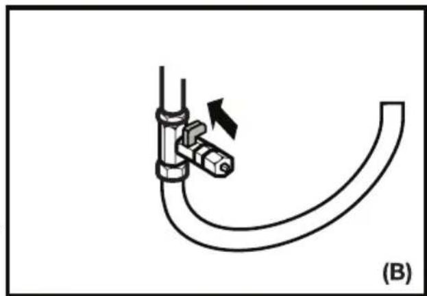 Diagram of a pipe fitting with a valve and directional arrow, labeled (B), showing no text or symbols beyond the label.