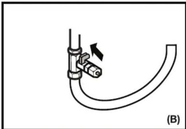 Diagram of a pipe fitting with a valve and directional arrow, labeled (B), showing no text or symbols beyond the label.