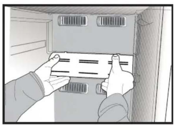 Illustration of two hands installing or adjusting a wall-mounted panel inside a cabinet (no text or symbols visible)