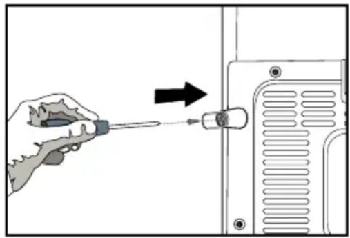 Illustration of a hand using a screwdriver to adjust or install a component, with an arrow indicating direction (no text or symbols present)
