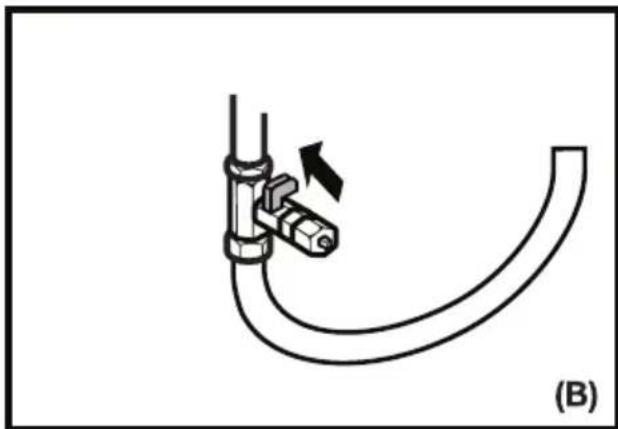 Diagram of a pipe fitting with a valve and directional arrow, labeled (B), showing no text or symbols beyond the label.