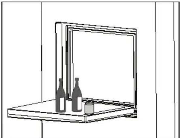 Line drawing of a window with three bottles and a cylindrical container on a shelf (no text or symbols)