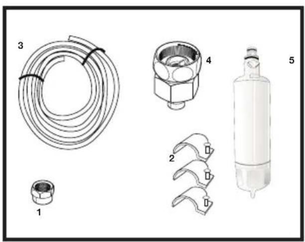 Illustration of five different mechanical components or parts, including coiled tubing, a container, a cylindrical device, and a gear-like tool (no text or symbols present)