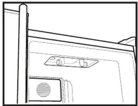 Line drawing of a door with a mounted device and ventilation slots (no text or symbols)