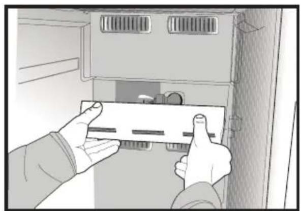 Illustration of hands installing or adjusting a component inside an appliance (no text or symbols visible)