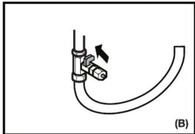 Diagram of a pipe fitting with a valve and directional arrow, labeled (B), showing no text or symbols beyond the label.